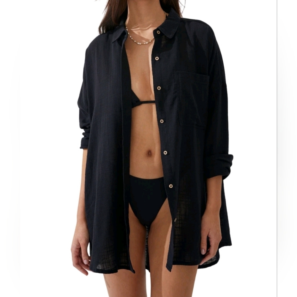 Cotton On Washed Black Swing Beach Shirt Size Med Swim Cover Up